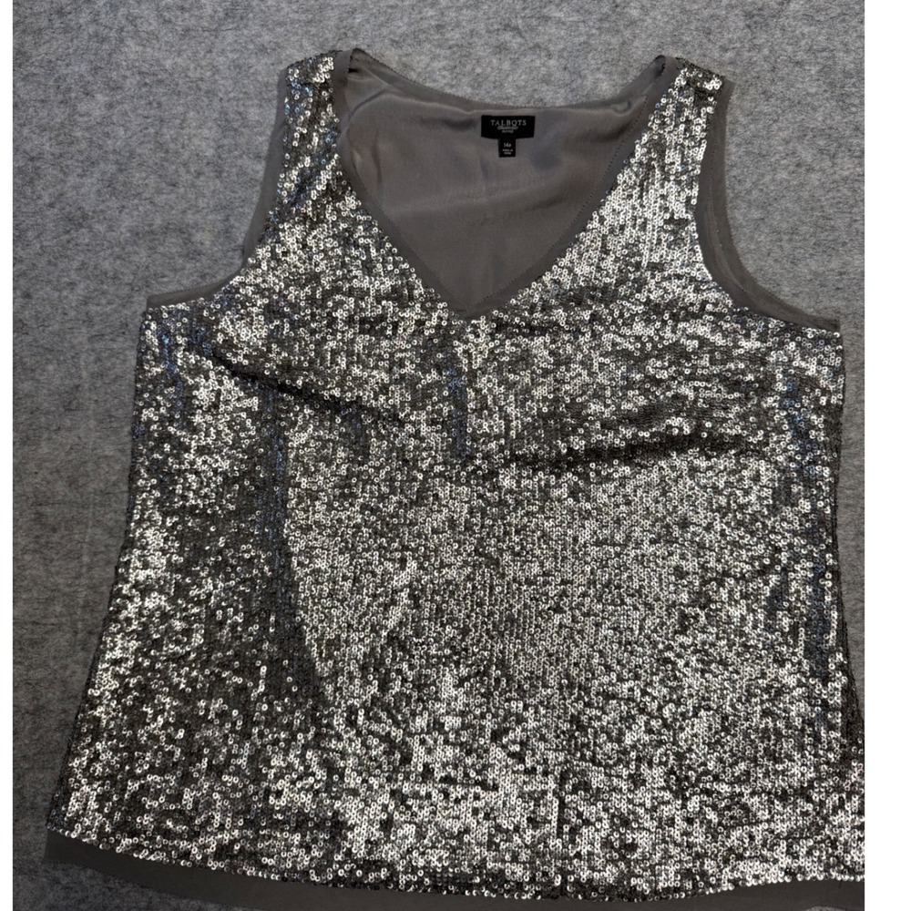 Talbots Womens Silver Sequin V-Neck Tank Top Shell Size 14P Petite Holiday Party